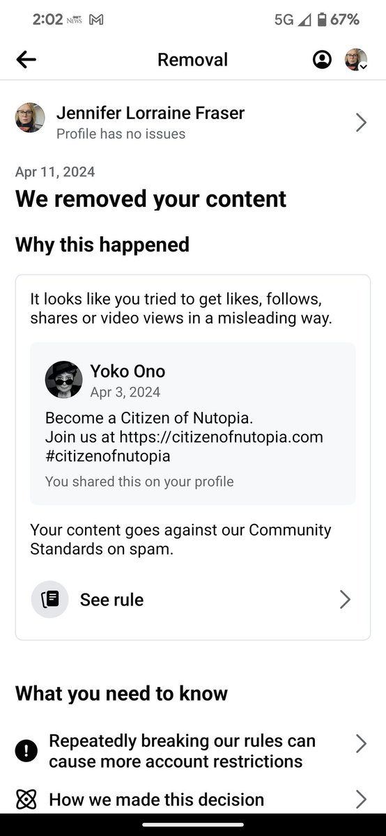 @Facebook just flagged my reposting of @yokoono @CitizenNutopia 
And threatened the cancellation of my account. 
What??!! Seriously? 
#peace #fineart