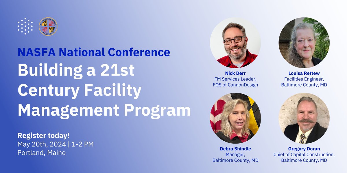 Join us this May in #Portland for NASFA's #conference! This event is filled with educational sessions & hearty discussions — including our program on building a 21st century #FacilityManagement program presented with our partners at Baltimore County. hubs.la/Q02rJZWn0