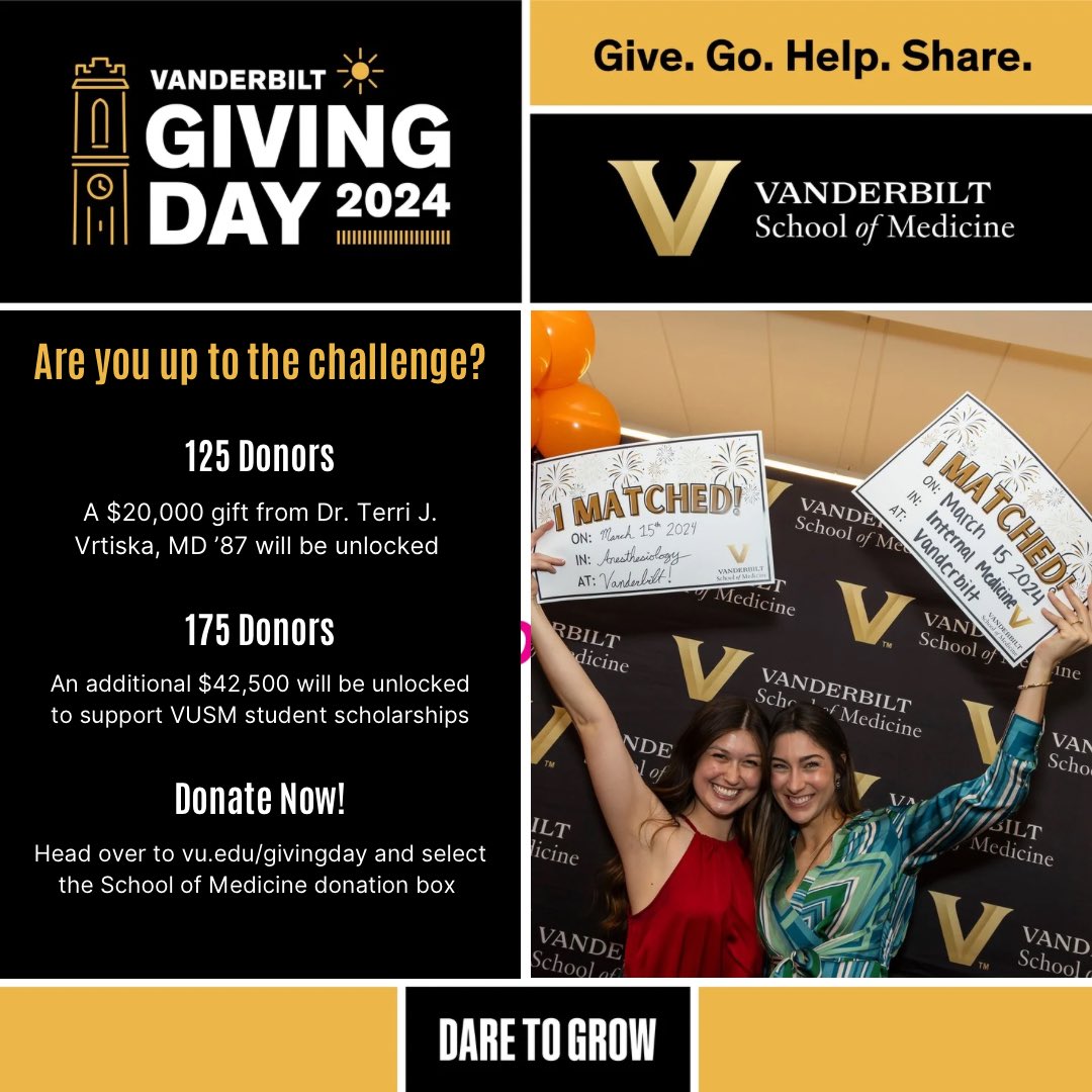 Halfway through Giving Day and we are so grateful to have reached 36% of our donor goal so far! How about we keep up the momentum with a couple of challenges? Help us unlock these gifts by donating at vu.edu/givingday. #VU4LIFE #DaretoGrow #VandyMed