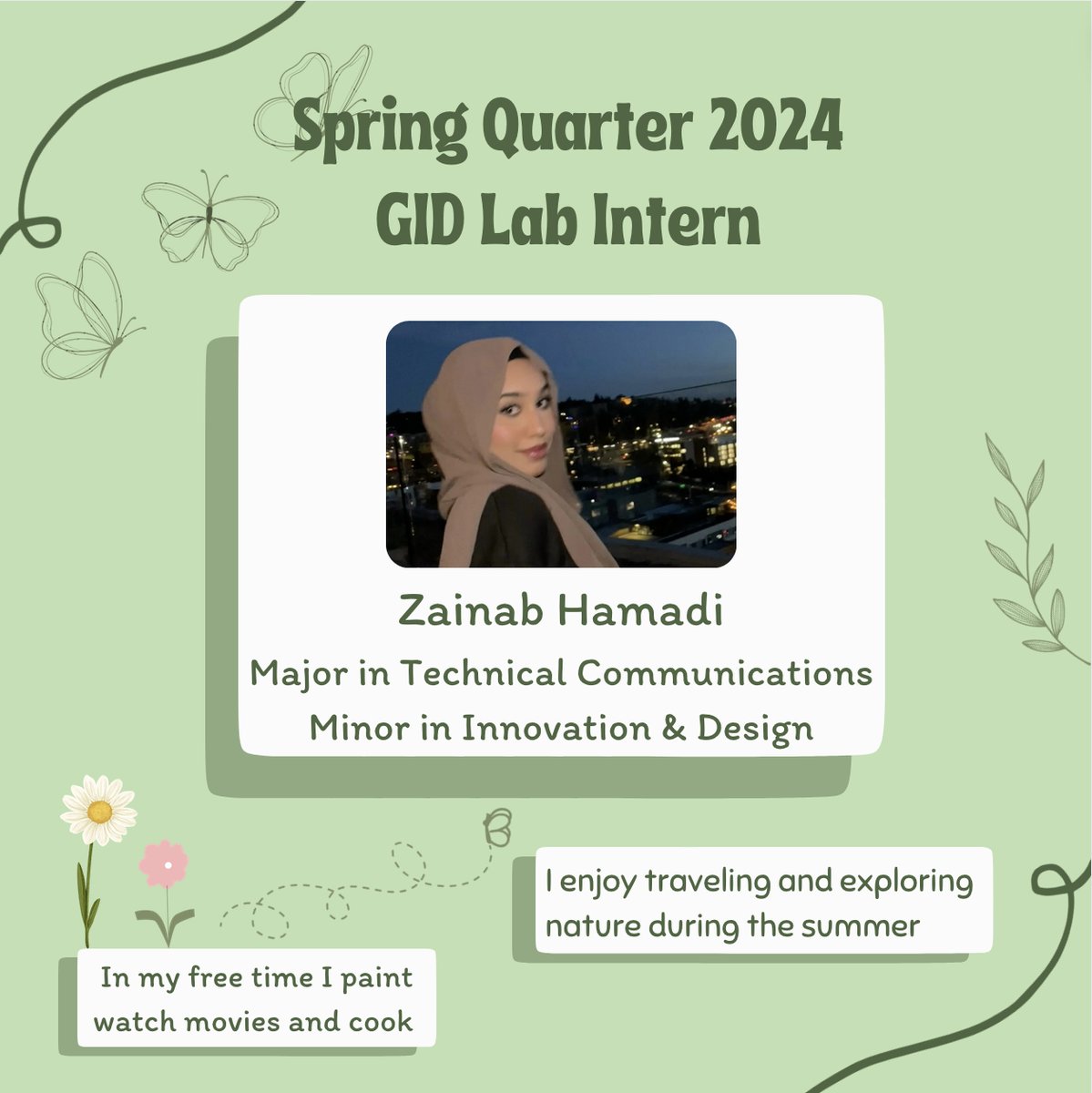GlobalIDT's tweet image. The GID Lab @uwtacoma  is working with 7 interns this Spring!  Meet Zainab Technical Communications major and Innovation and Design minor!
@tacomadenizen  #technicalcommunication