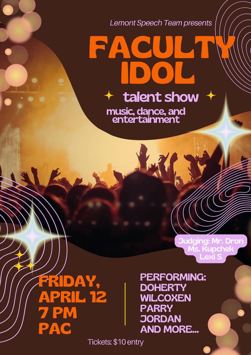 Join us in the Performing Arts Center at 7 p.m. on Friday, April 12, as 'Faculty Idol' returns to @Lemont_HS! Tickets are $10 and can be purchased here: lemont.revtrak.net/clubs-and-acti… #WeAreLemont