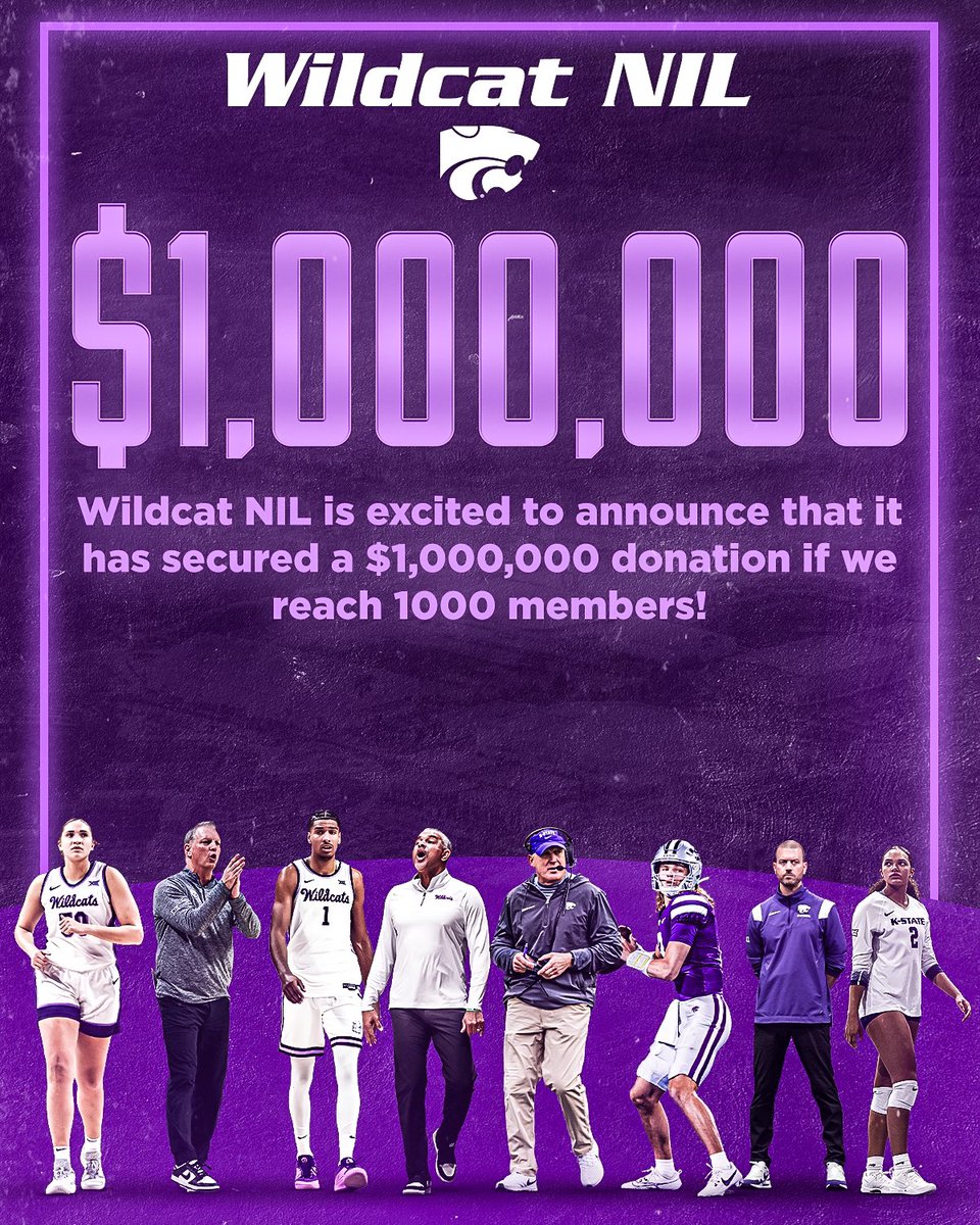 K-State Family, we are currently at 840 members. When we reach 1,000 members, we will unlock a one-time donation of $1,000,000!

Help us unlock this significant gift by signing up to become a member today at  catsnil.com/fan-membership…

#SpringOnTheCats