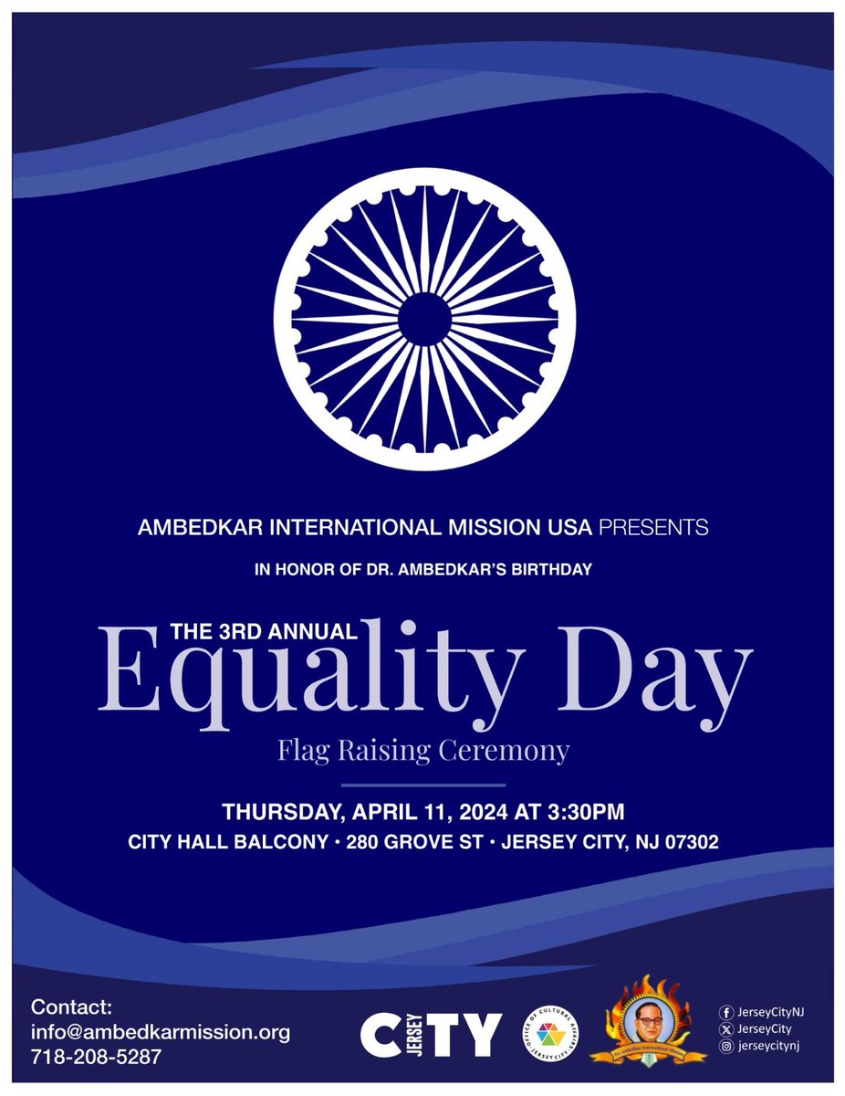 📢 New Jersey friends: Join @AIMUSA_Info at 3:30 today in Jersey City for the 3rd Annual #EqualityDay Flag Rising Ceremony in honor of Dr. B. R. Ambedkar’s birth anniversary.