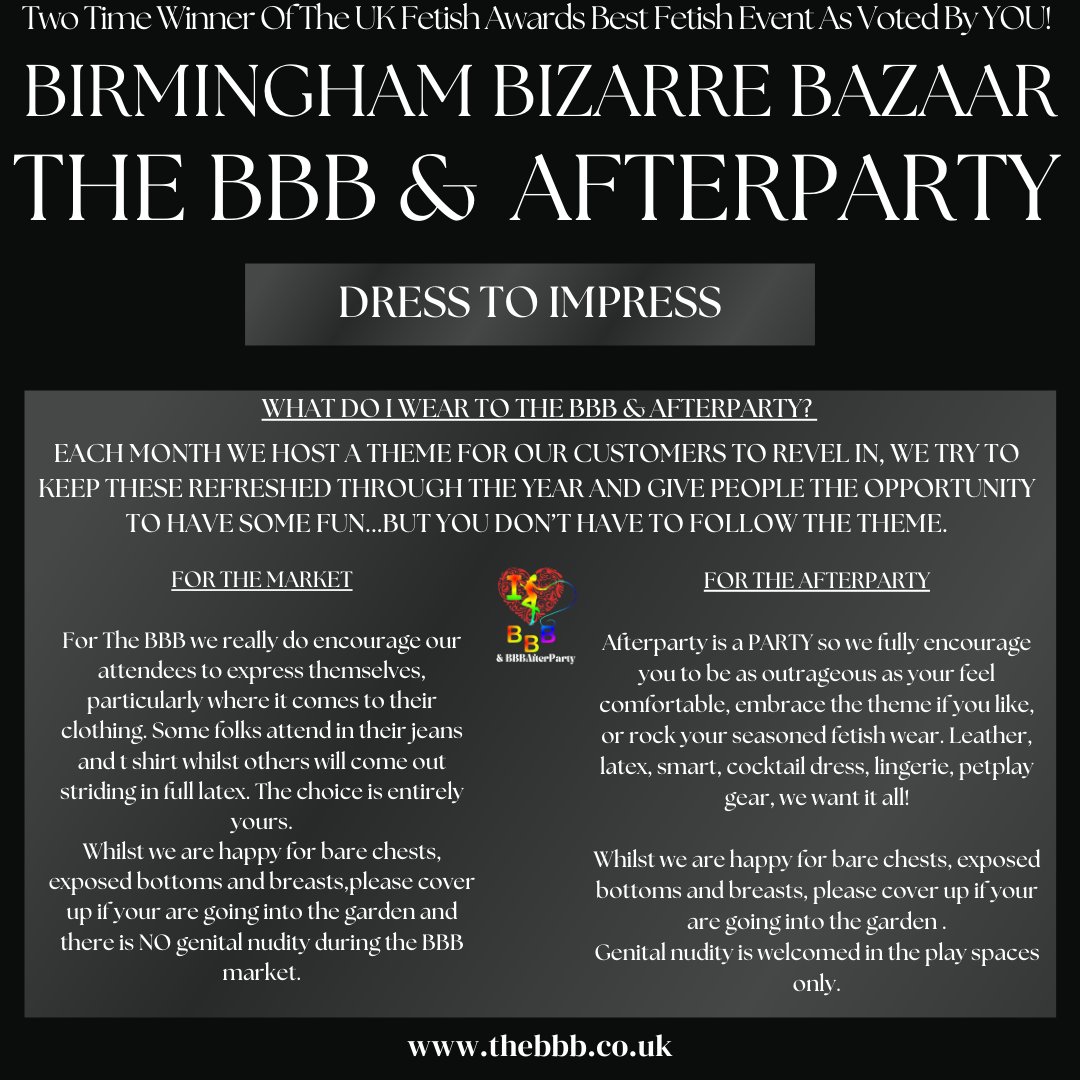 Dress code you say? Have no fear, you can check out our website at thebbb.co.uk for a breakdown or you can message us directs across any platform! #afterparty #playzone #playparty #safespace #community