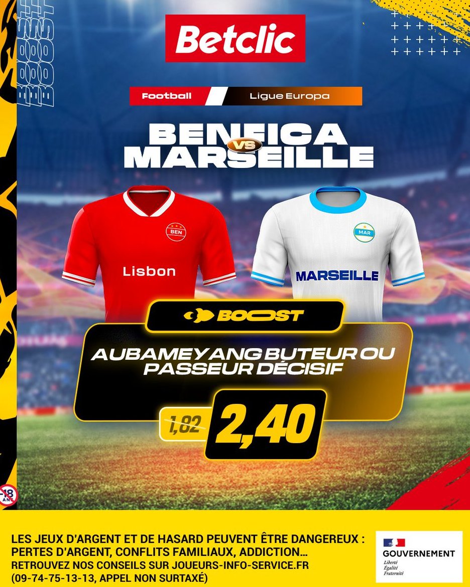 BOOOOOOOOST #SLBOM 🚀 Le meilleur buteur de l'OM au rendez-vous ce soir ? On booste la cote 'Aubameyang buteur ou passeur décisif' à 2,40 💪 ⚠️ Mise max 10€ // Dispo sur la page d'accueil de ton app' jusqu'à 20h30 📲