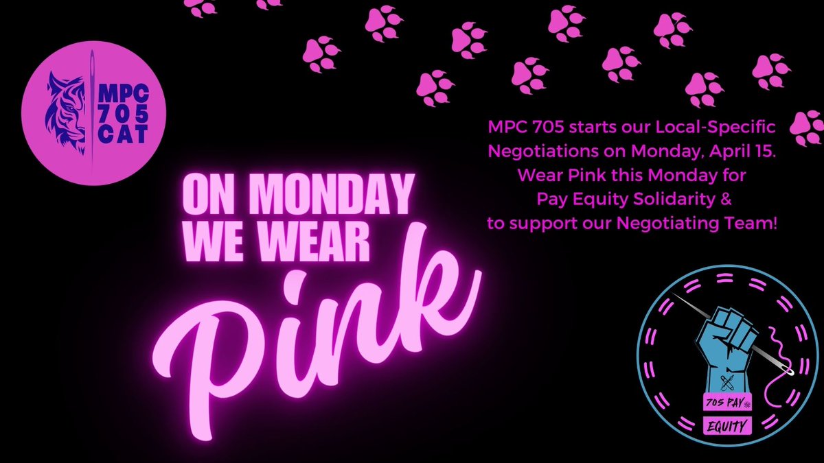 ON MONDAY WE WEAR PINK! MPC 705 starts our Local-Specific Negotiations on 4/15. Take a photo in your PINK and post it with our hashtags: #mpc705 #MotionPictureCostumers #MPC705CAT #IASolidarity #PayEquityForCostumes #705PayEquity #PayEquityForPinkWork