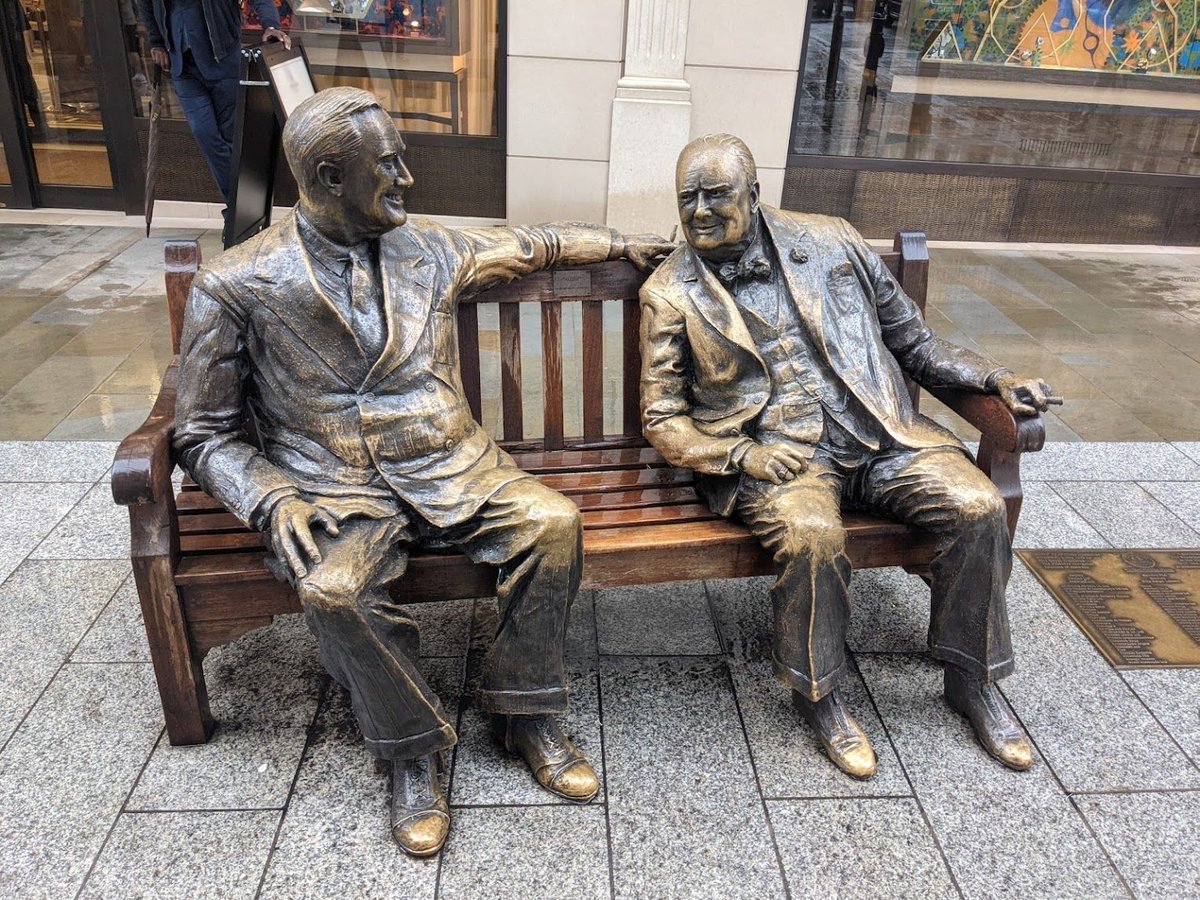 Do you have a favourite bench statue in London? 

How about Churchill &amp; Eisenhower on Bond Street? Initially unveiled on May 2nd 1995 to mark 50 years of the end of WW2?, it's certainly a popular haunt for tourists in London.

We think this photo deserves a caption competition...