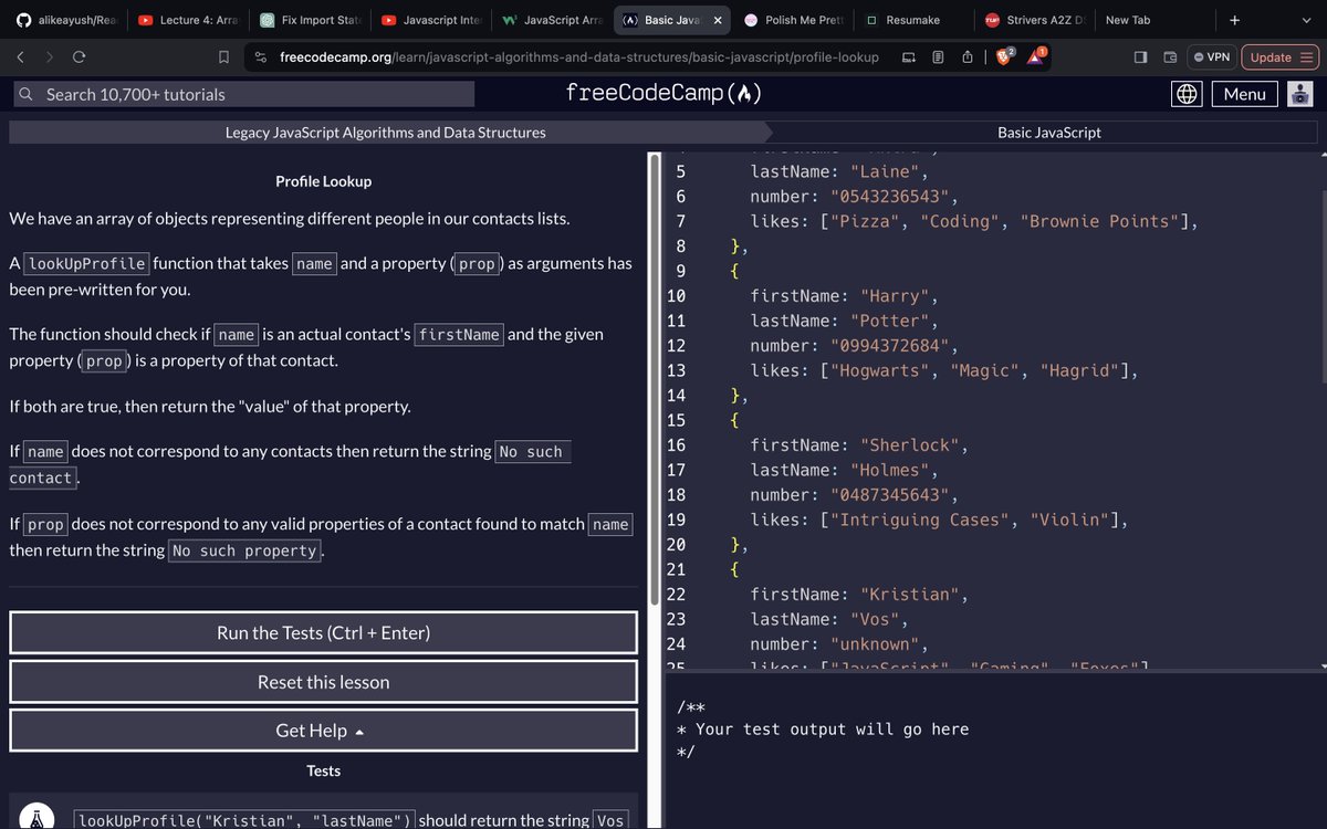 #Day56 of #100DaysOfCode 🎉🚀

⚡️ Another productive day in the world of coding!

freeCodeCamp Progress: Today, I tackled the 'Profile Lookup' challenge on freeCodeCamp. It's incredibly rewarding to apply the concepts I've been learning and see them in action!