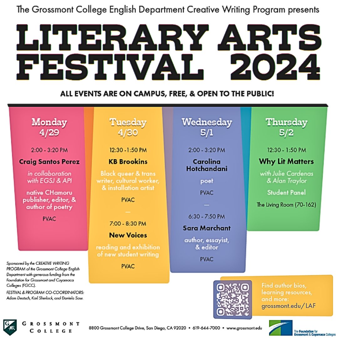 Tell me where all the good food near @GrossmontEDU is! I’m headed to California at the end of the month for the 2024 Literary Arts Festival: grossmont.edu/LAF