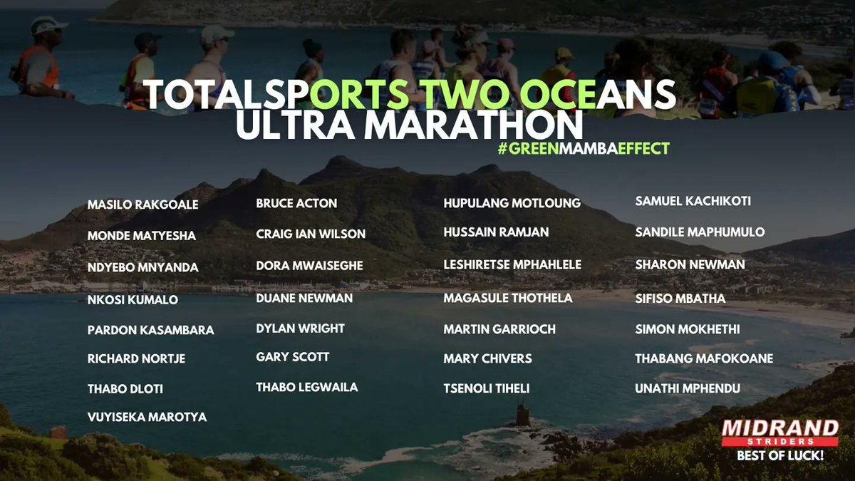 midrandstriders's tweet photo. Good luck to all our members participating at this year's #TwoOceansMarathon @2OceansMarathon
#56km #21km #Marathon https://t.co/hHOWXQ51Ew