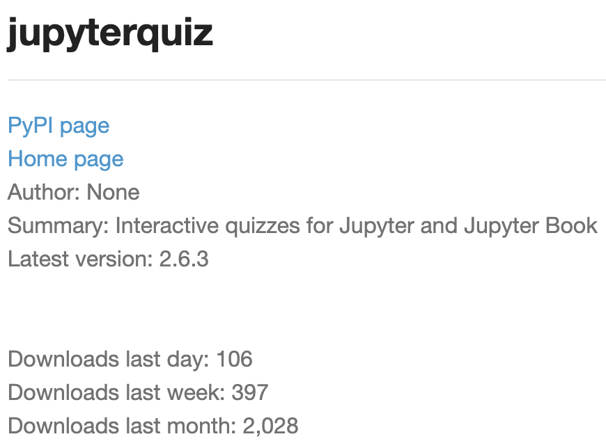 jmshea's tweet photo. It is great to see how many people are downloading and using my JupyterQuiz library, which makes interactive quizzes for use in Jupyter notebooks and JupyterBooks!

https://t.co/f7ejoyXsvX https://t.co/UvfcXJrUoL