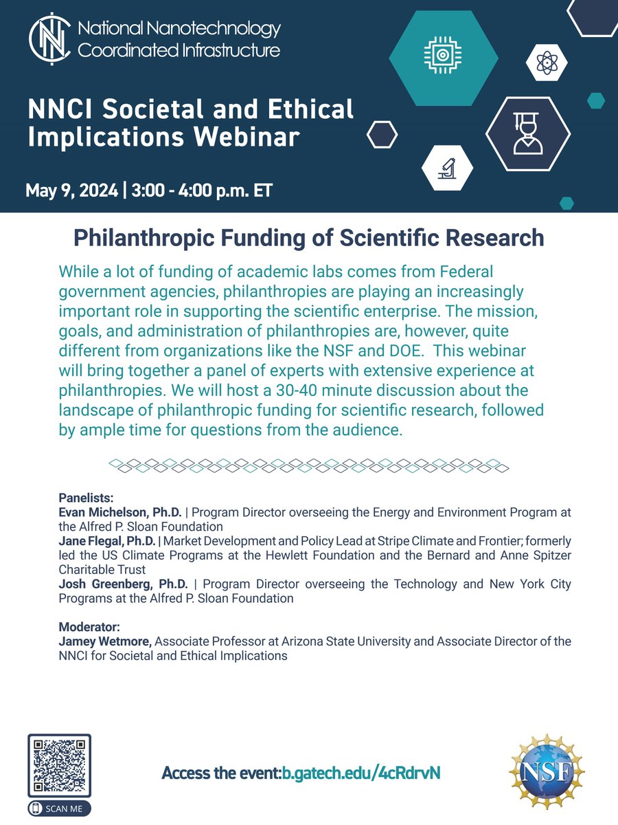 NanoEarthVT's tweet image. Join the #NNCI for &quot;Philanthropic Funding of Scientific Research&quot;, a Societal and Ethical Implications Webinar, on May 9 from 3-4 p.m. ET. 

#Fudning #Research #Nano #NanoEarth @NNInanonews @NSF @ICTASVT @ASU