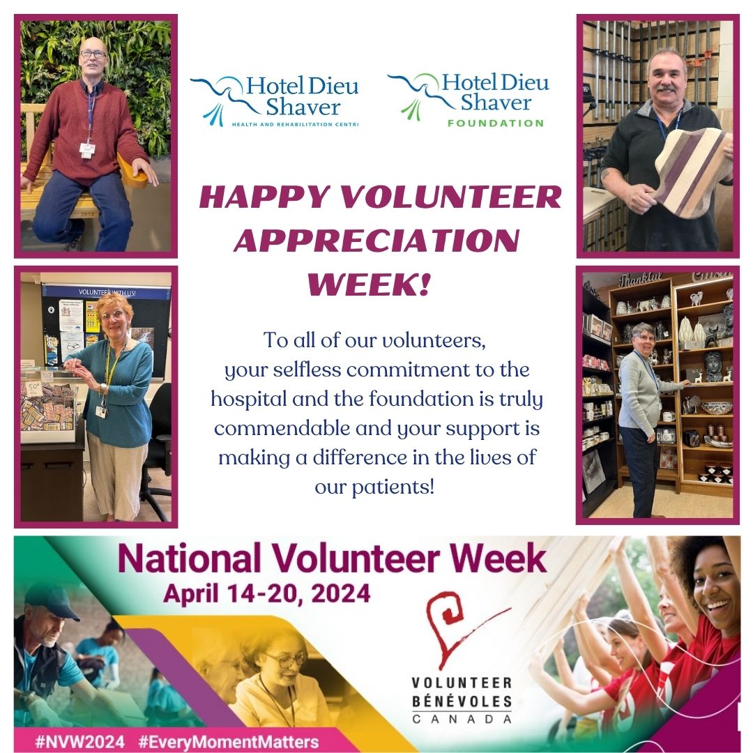 It's National Volunteer Week! #NVW2024! THANK YOU to our amazing volunteers at HDS & HDSF! Your dedication and hard work have made, and continue to make, a positive impact on Hotel Dieu Shaver and our patients. From all of us, and from the bottom of our hearts – THANK YOU! 💙
