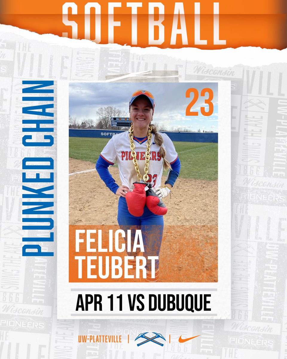 Felicia Teubert (2x), Taylor Roughen, and Alex Davis (3x) all earned the Plunked Chain in today’s games against Dubuque. 

#SwingTheAxe 
#uwplatteville 
#UWPlattevilleSoftball