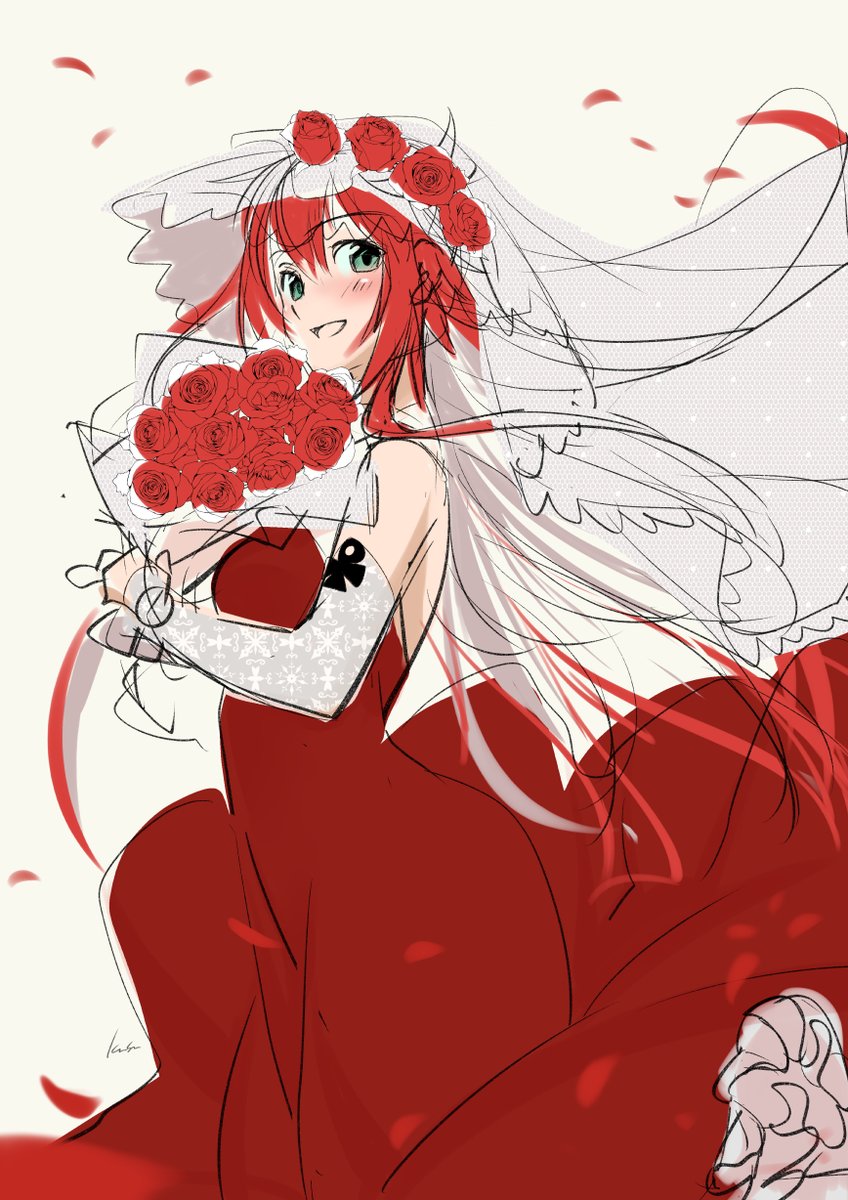 ジャック・オー 「WIP/じゃっこちゃんに着せるウエディングドレスを赤にするか白にするかでずっと悩」|玖珠(くす)＠現在作業遅いですのイラスト