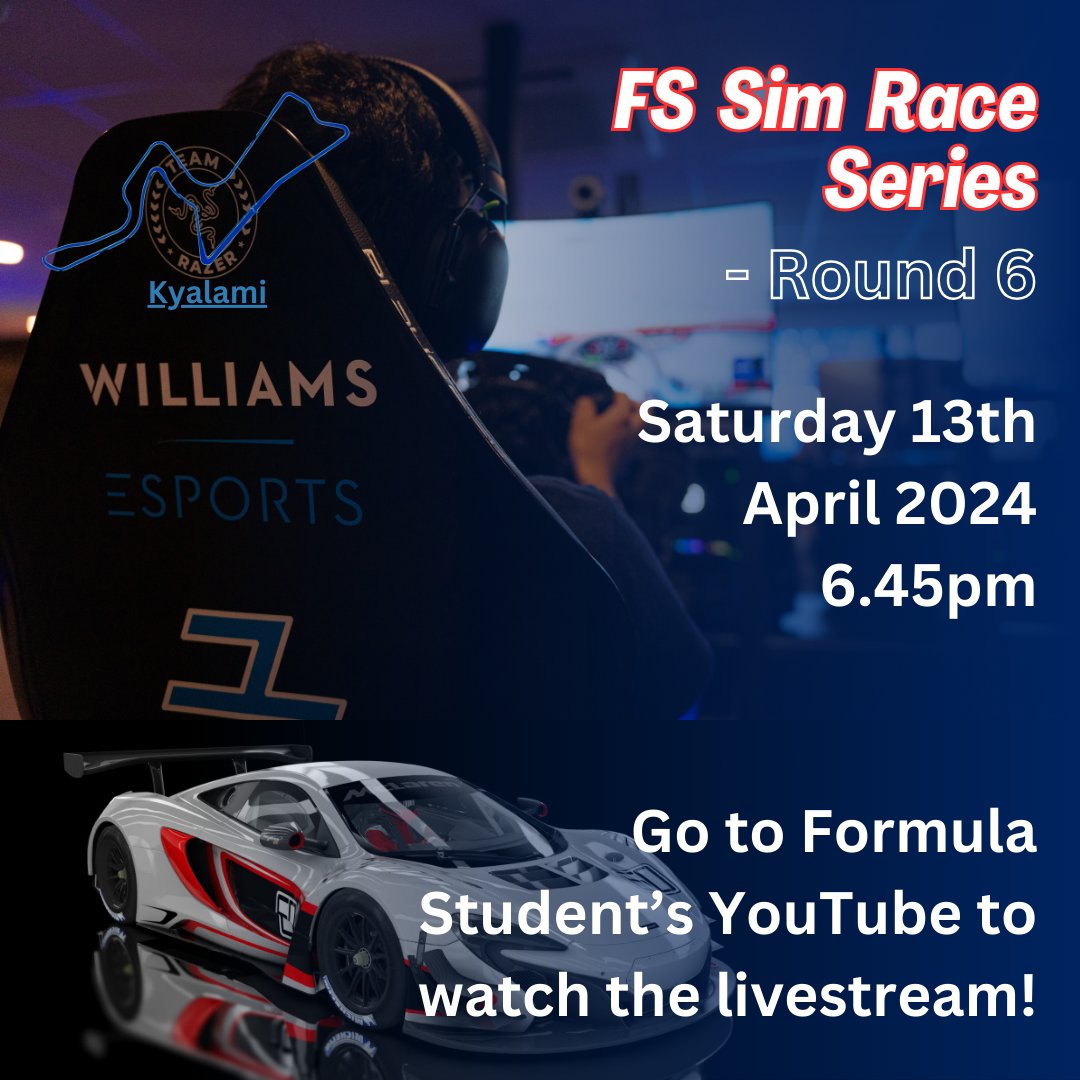 FS Sim Racing Series Round 6 of 7 is nearly here! This round's combination is GT3's at Kyalami! Watch it live this Saturday on Formula Student's YouTube Channel!🔥
@FormulaStudent
#simracing #esports #racing #engineering #fsuk #sufst #team #win #championship #motorsport