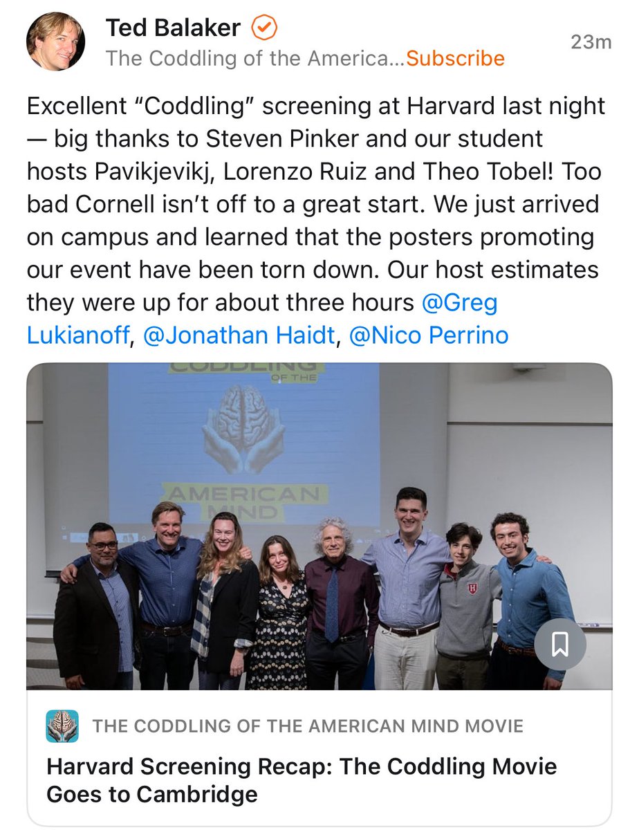 Cornell’s “Year of Freedom of Expression” continues to disappoint, with students reportedly tearing down promo posters for a screening of the @CoddlingMovie — the doc about fixing the toxic campus speech climate! At @Cornell? See this happen? Let us know. thecoddlingmovie.com/p/harvard-scre…
