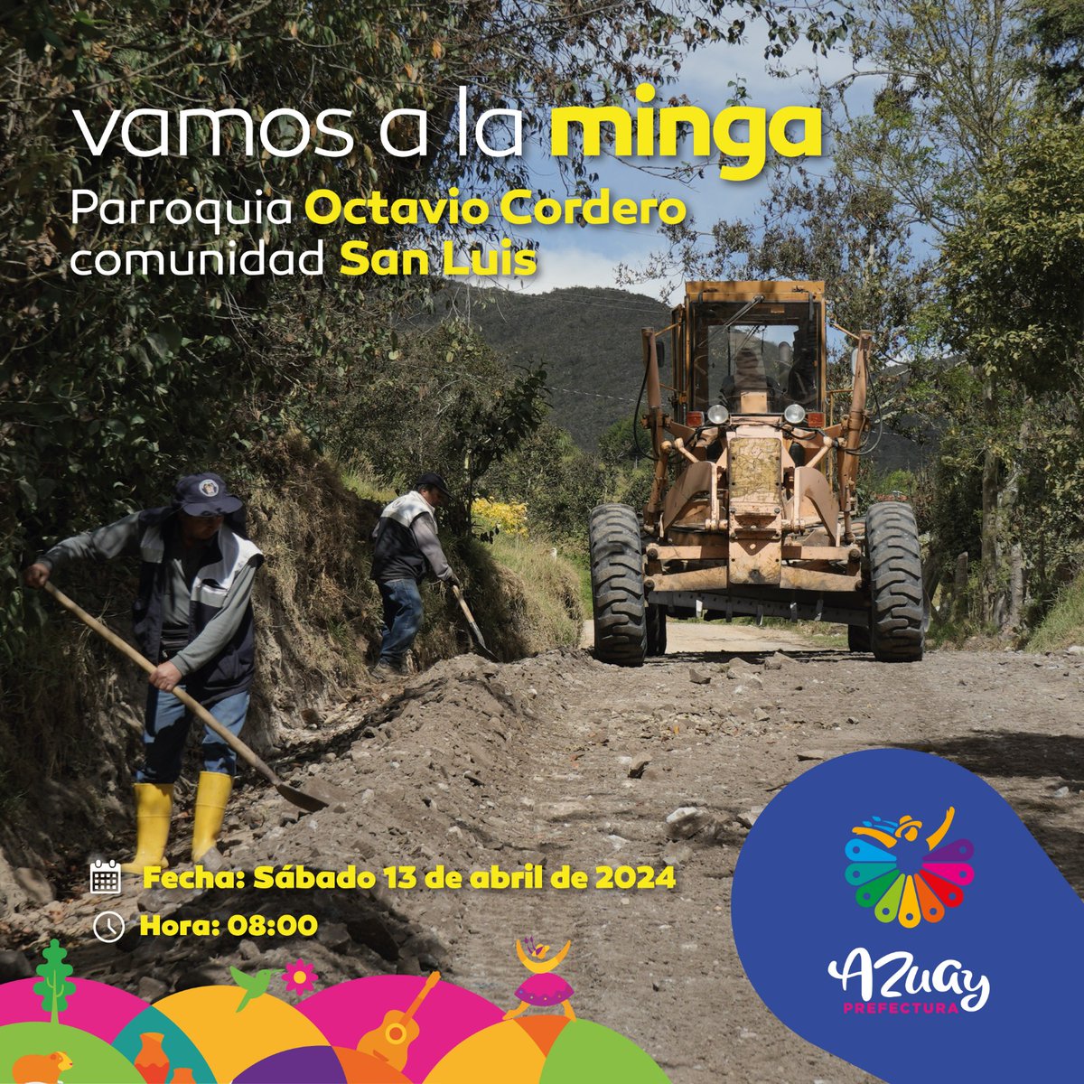 ¡Todos los fines de semana nos activamos con #MingasViales! 👷🚜 Este sábado 13 de abril estaremos en la parroquia Octavio Cordero, desde las 08h00.🚗 ✔️Seguimos trabajando por la conectividad de #Azuay.🤜🤛 #JotaPrefecto #AzuayBicentenario #AzuayPrefectura