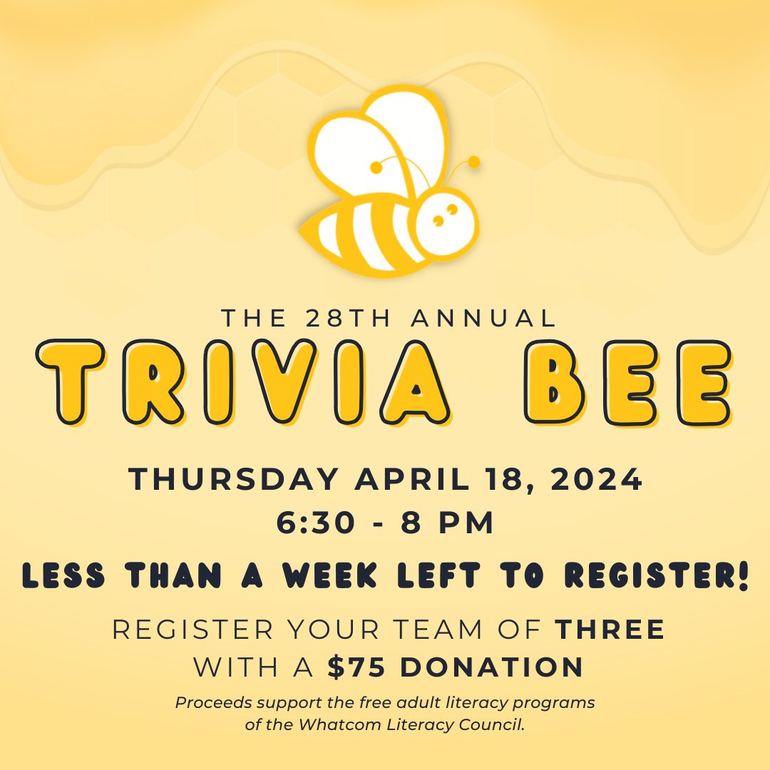 WhatcomLiteracy's tweet image. The annual Trivia Bee is ONE WEEK away! 

Have you registered your team yet? Register here: ow.ly/YMrJ50ReAJ9