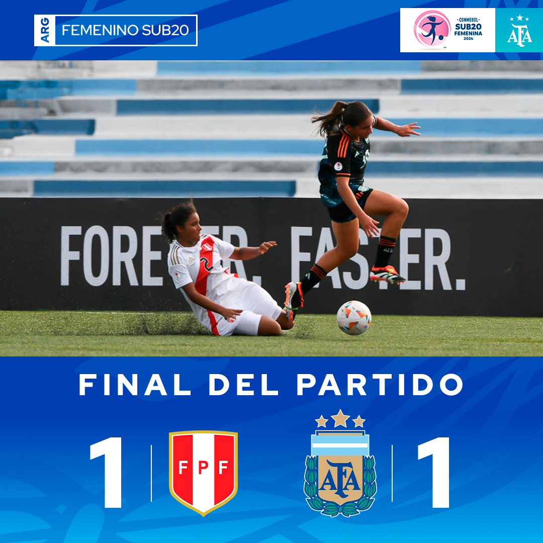 🏆 #Sub20Fem ⚽ @Argentina 🇦🇷 1 (Verónica Acuña) 🆚 #Perú 🇵🇪 1 👉 ¡Final del partido! La Albiceleste igualó en su presentación en el Sudamericano. Próximo desafío: lunes a las 20.30 ante Uruguay.