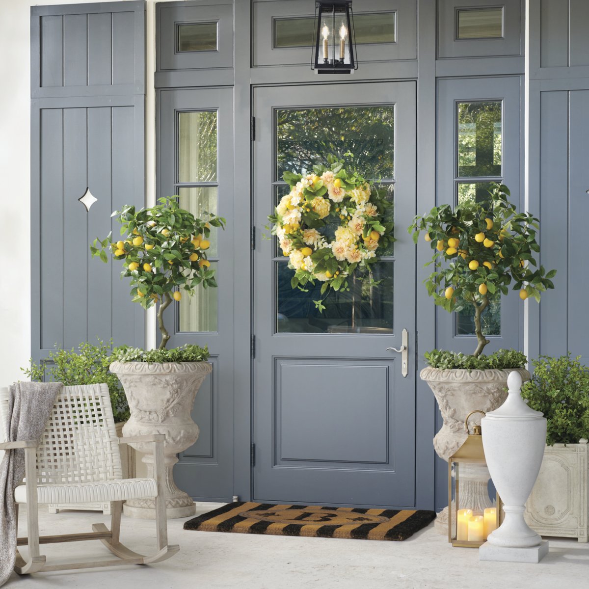 Frontgate's tweet image. Gray + yellow = a color combo that never disappoints. 
.
.
.
#homeinspo #outdoordesign #frontporchdecor #frontdoorstyle #curbappeal #homedesign