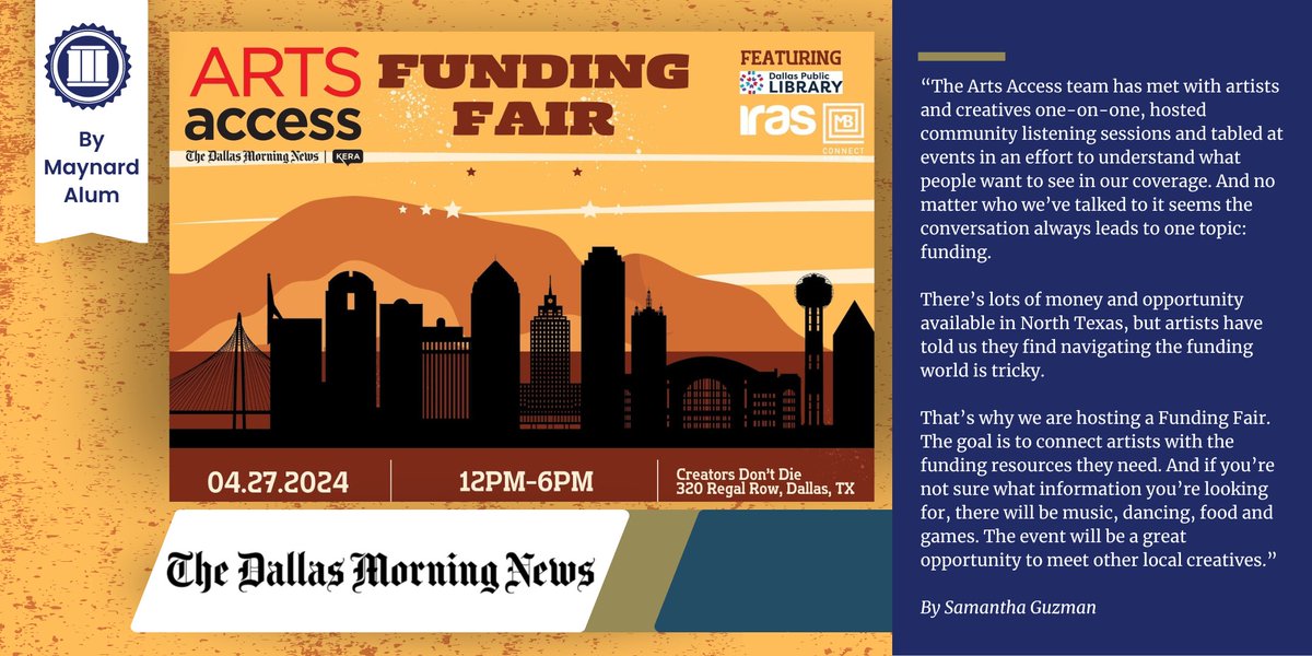Samantha Guzman, #Maynard200 fellow and Arts Access Coordinating Editor for the Dallas Morning News (@dallasnews), penned this short informative piece on the Arts Access Funding Fair supporting local arts and culture. Read more: dallasnews.com/arts-entertain…