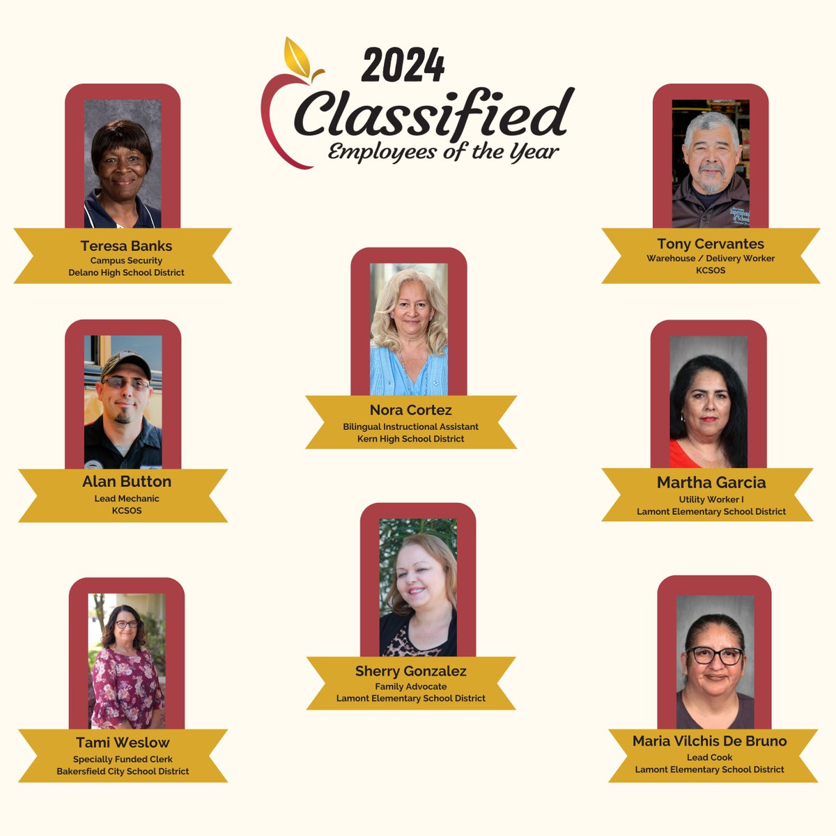 Congratulations to the 8 Kern County Classified Employees of the Year program! Please help us congratulate the following deserving employees who will also be celebrated at a banquet on May 7. Stay tuned for a full story celebrating these individuals in the weeks to come. ✨