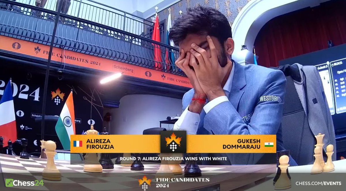 A heartbreaking 💔 news for Indian fans as 🇮🇳 GM Gukesh Dommaraju lost to GM Alireza Firouzja! Gukesh held a good position, but was not able to find the right moves in the time scramble. #FIDECandidates
