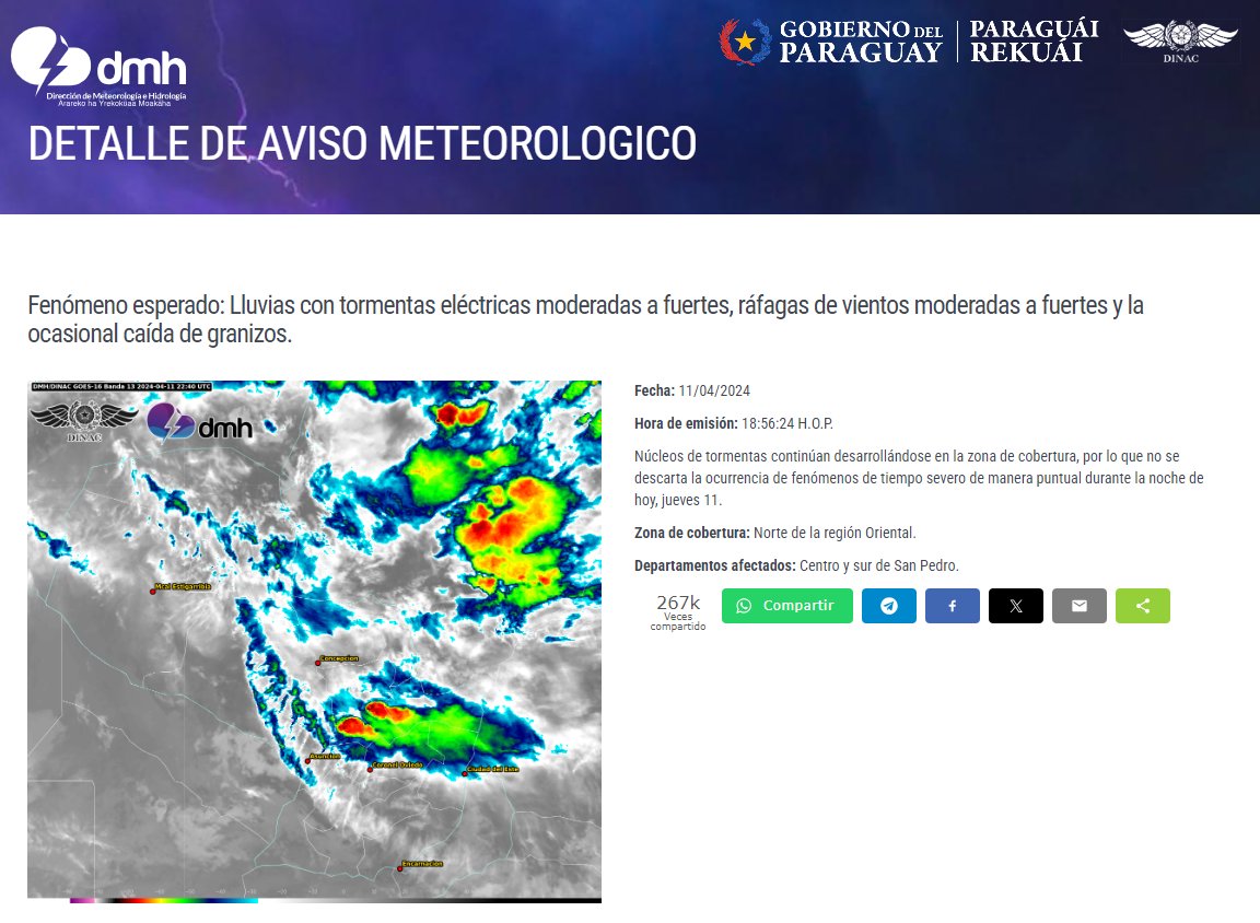 Aviso Meteorológico N° 555/2024 Emitido.
Enlace: meteorologia.gov.py/avisos/
Fecha: 11/04/2024
Hora: 18:56 h.