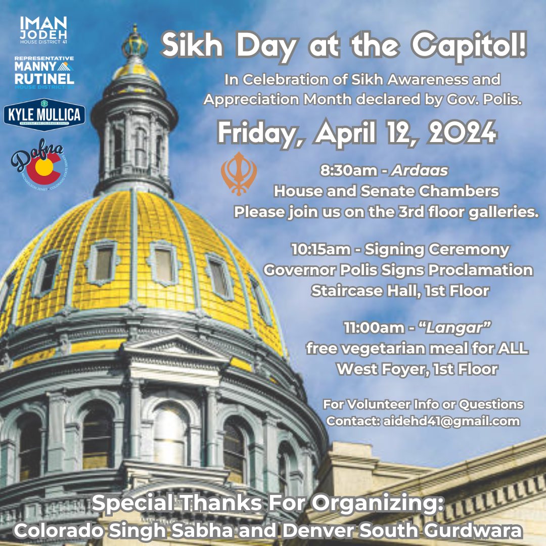 I am excited to share that April is Sikh awareness month in Colorado! The Sikh community has been well established in Colorado for the last several decades. Join me, Rep Rutinel, and Senators Michaelson Jenet & Mullica in welcoming our Sikh neighbors to the Capitol on Friday!