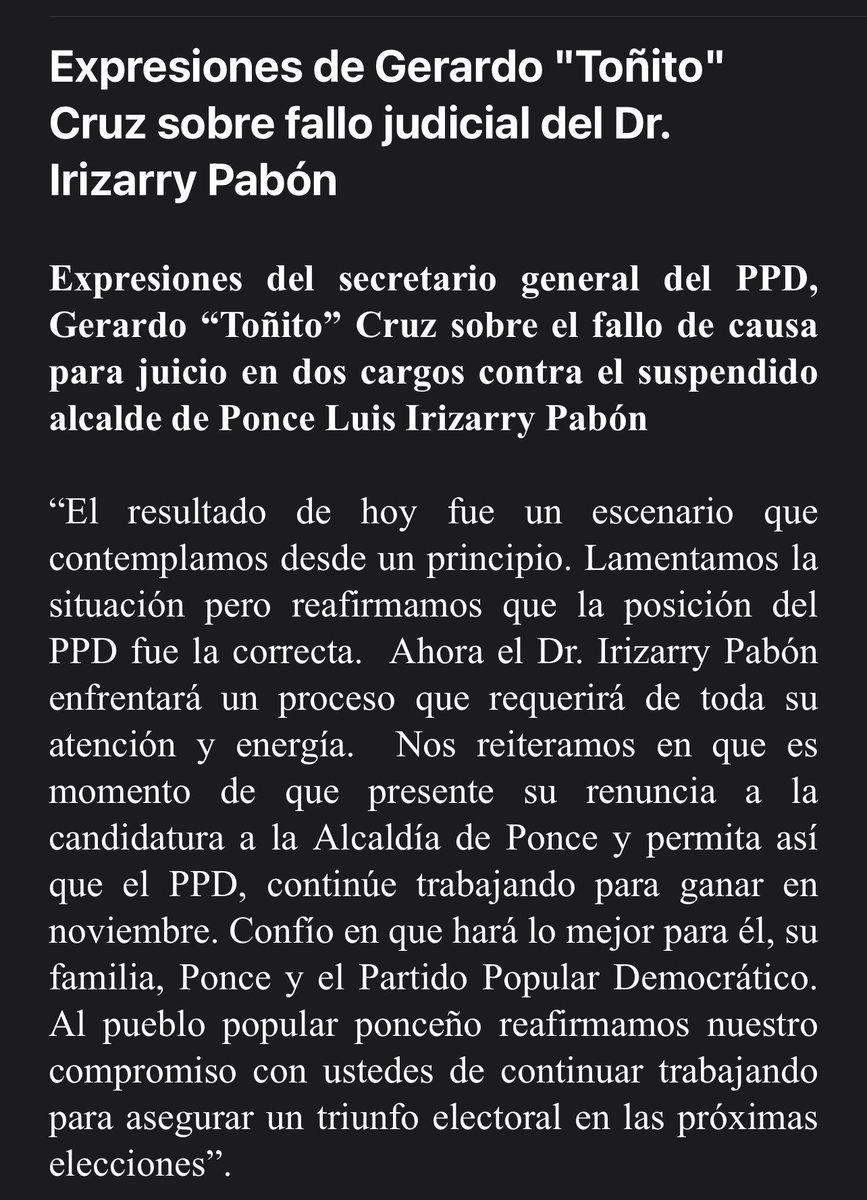 “Nos reiteramos en que es momento de que presente su renuncia a la candidatura a la Alcaldía de Ponce y permita así que el PPD” @gacruz09