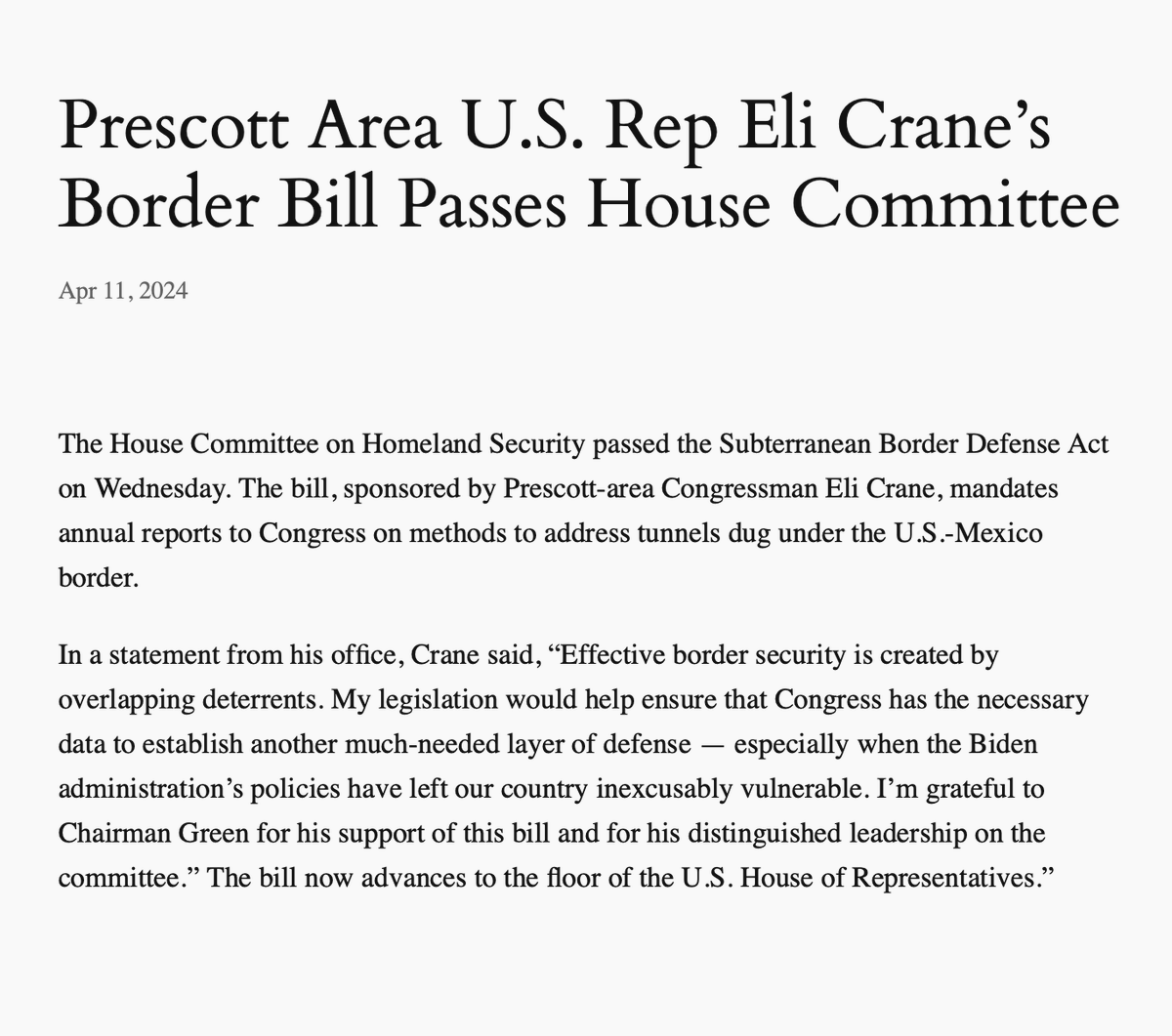 My bipartisan legislation would ensure Congress has sufficient knowledge and oversight in regard to the dynamic threat of cross-border tunnels, which are utilized by cartels & smugglers. @KYCARadio kyca.info/2024/04/11/pre…