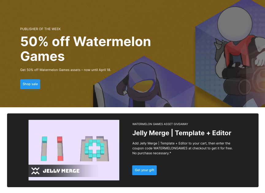 Unity Asset Store恒例のパブリッシャーセール、今回はWatermelon Gamesのテンプレアセットが全品半額！ assetstore.unity.com/publisher-sale… さらにクーポンコード(WATERMELONGAMES)を入力すると定価$75.90(約11,000円以上！)の↓が無料で貰えちゃいます！ assetstore.unity.com/packages/slug/… #Unity #Assetstore