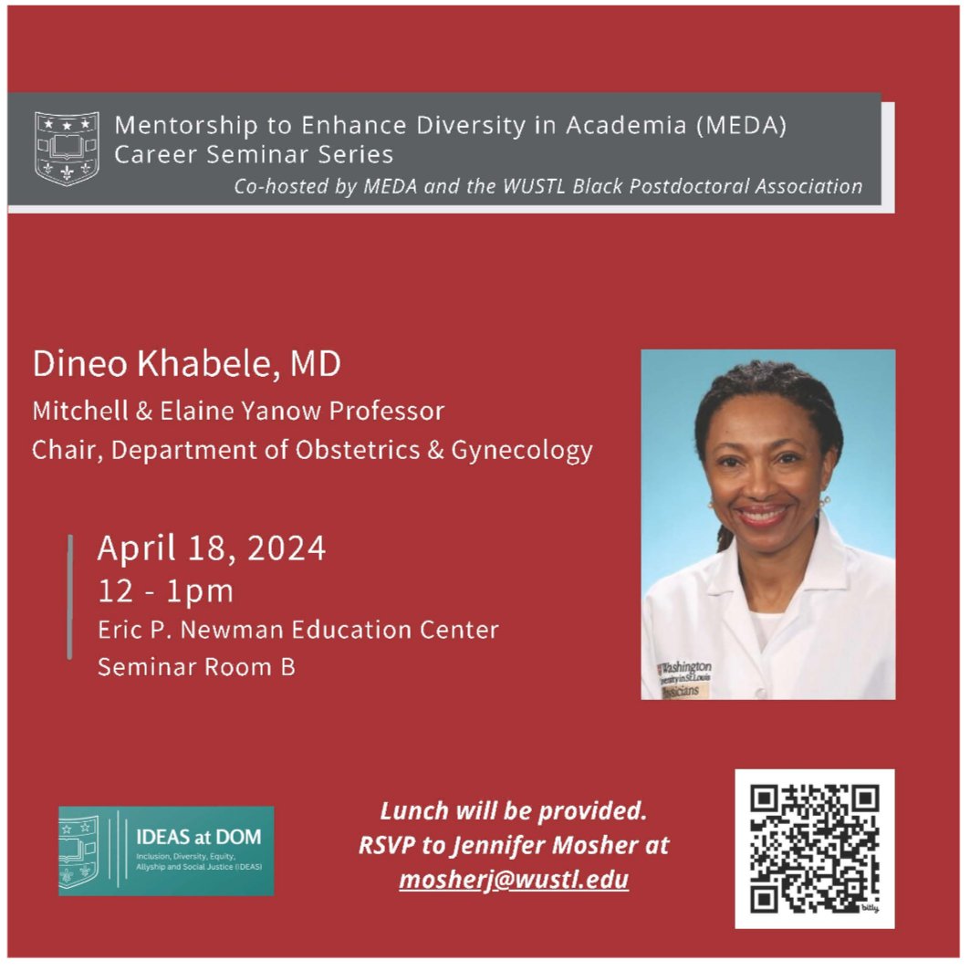 Reminder to please join us @MEDA_WashU @wustlbpa next week April 18th for Dr.Khabele @DKhabeleMD #CareerDevelopment seminar. See you there! 🎉⏬ @IDEASDOM_WUSM @WashU_OBGYN