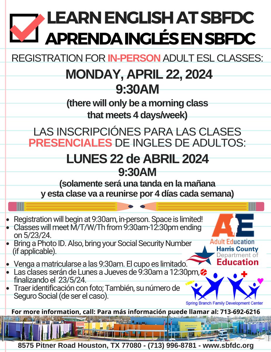 MON., APRIL 22-9:30AM: @HCDEtx @HAdulteducation ESL Class Registration (note: there will only be a morning class that meets 4x/week) LUNES 22 de ABRIL-9:30AM: El Registro de las Clases de Ingles para Adultos (sólo haya 1 clase en la mañana y reunirá 4 días a la semana)