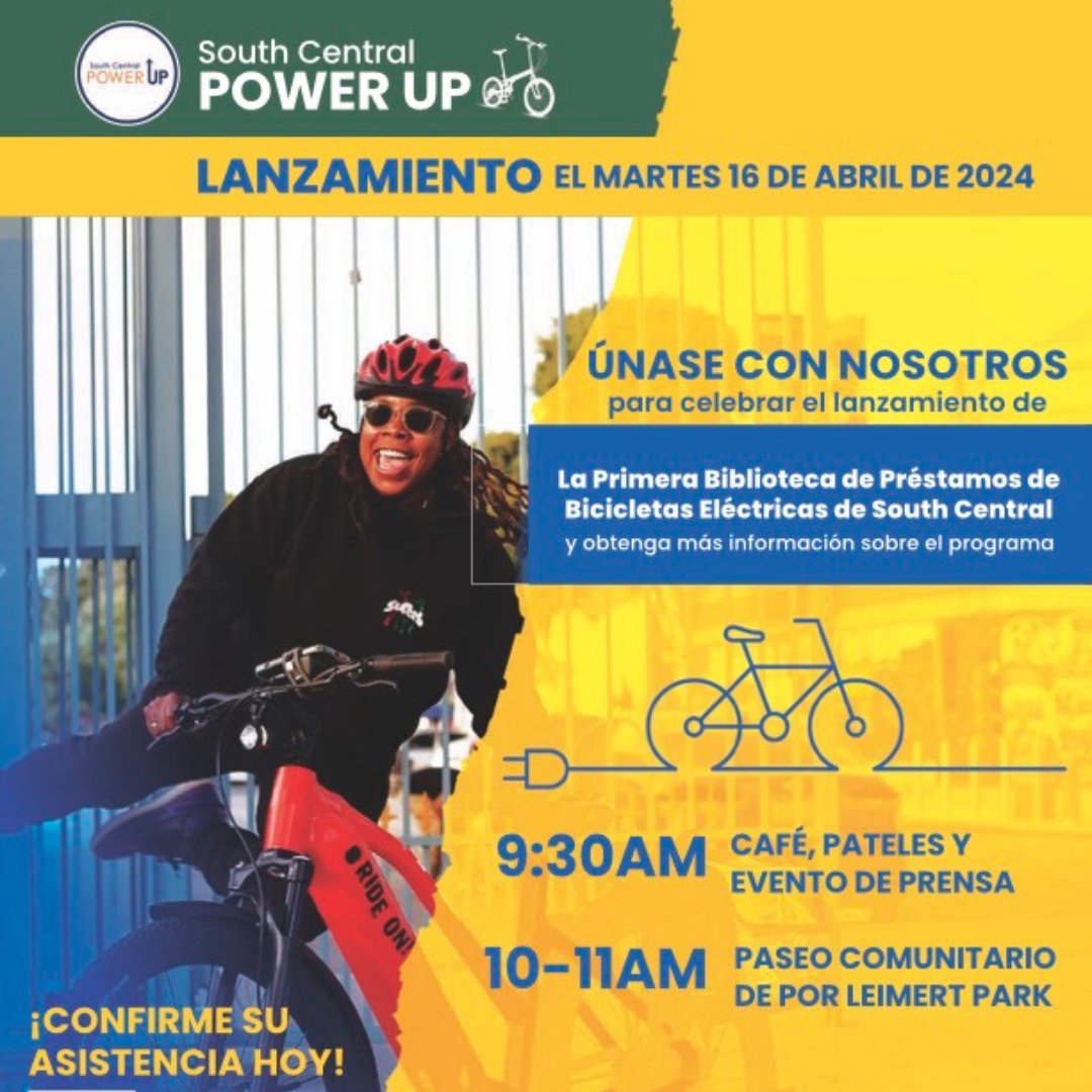 ¡Marca tu calendario! Acompáñanos el 16/04 en #LeimertPark en un paseo comunitario para el lanzamiento de la primera biblioteca de préstamo de bicicletas eléctricas de #SouthCentral. Estas bicicletas eléctricas de cero emisiones son nuevos recursos de transporte para la comunidad