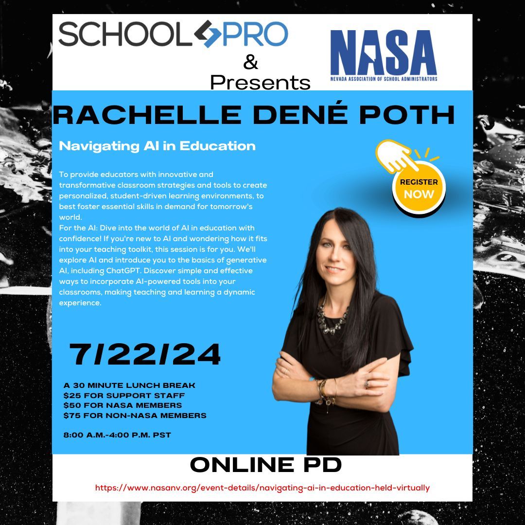 Dive into the future of teaching with Rachelle Dené Poth @Rdene915 on July 22nd! Discover 'Navigating AI in Education or Teaching Essentials for the Digital Age.' Equip yourself with innovative strategies for AI, AR, and VR in the classroom. Register at nasanv.org/event-details/…