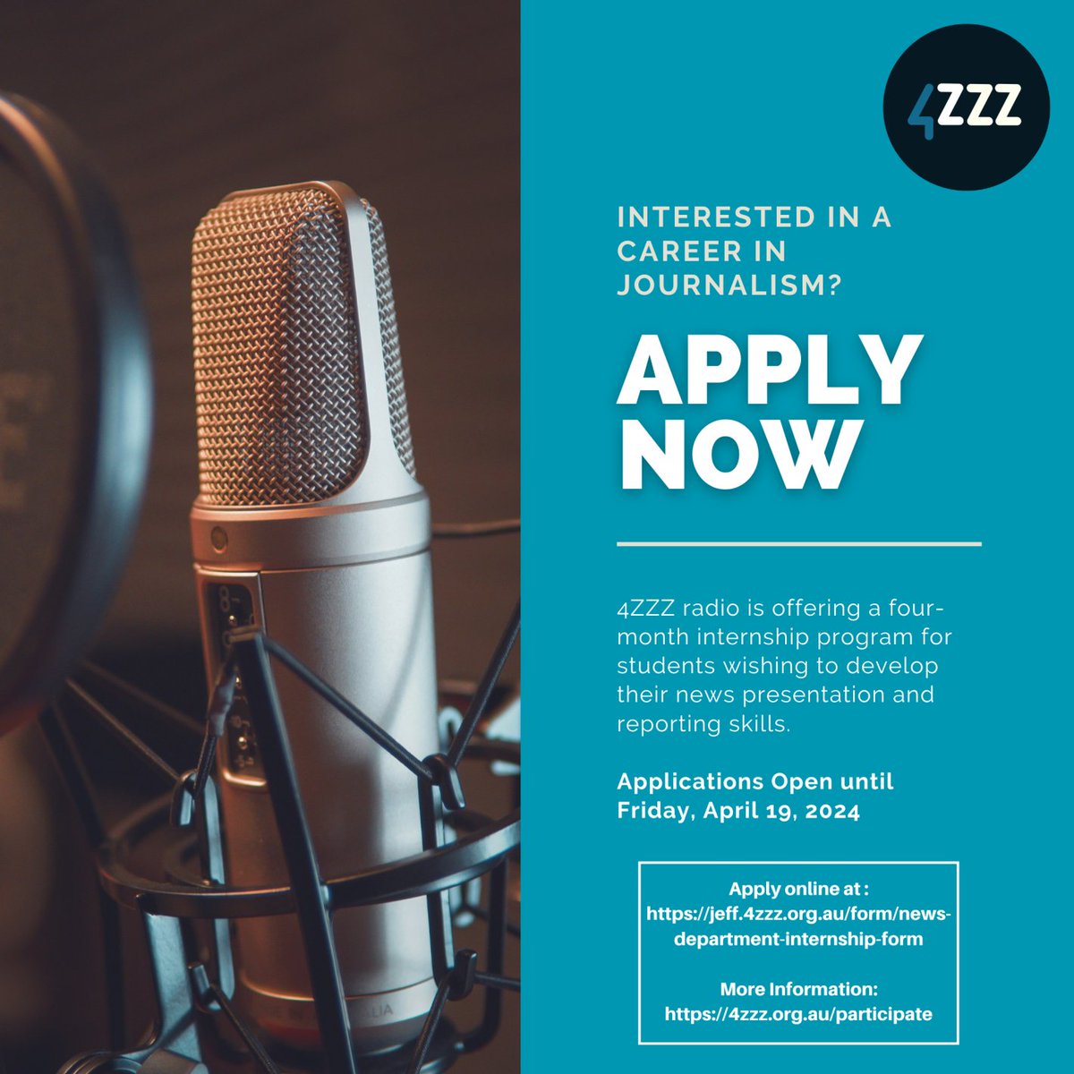 Are you interested in a career in media, journalism, or radio? Applications for the March to June internship are open NOW until Friday, April 19, 2024 - Click here to apply --> jeff.4zzz.org.au/webform/news_d…