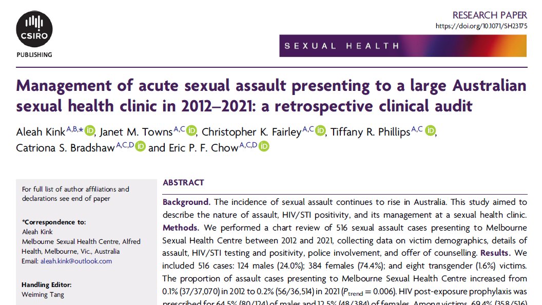 New paper out from medical student, Aleah Kink, in @sexualhealthj exploring the management of acute sexual assault over ten years in a large sexual health clinic: publish.csiro.au/SH/SH23175 @AlfredHealth @Alfred_Research @UniMelbMDHS @MonashSTM @unimelbMSPGH @MonashResearch