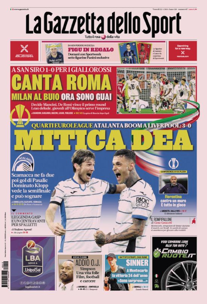 footballitalia's tweet photo. Friday's Italian #Calcio headlines in English https://t.co/woAra2wIRt #Atalanta #LFC #ACMilan #ASRoma #LIVATA #LiverpoolAtalanta #MilanRoma #ACMASR #UEL #Fiorentina #UECL #SerieA #Juventus #SerieATIM https://t.co/dCgheBoukV