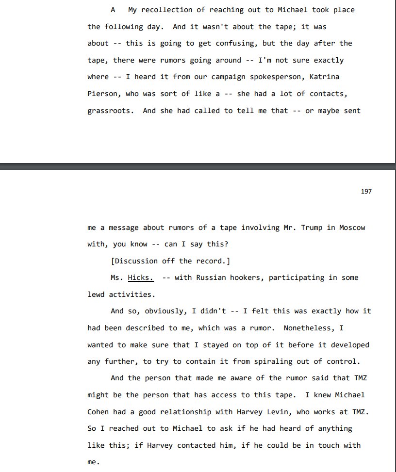 Still, she didn't shy away from controversy. Asked to explain a phone call with Cohen the day after the Access Hollywood tape leaked, she said it was about rumors of a different tape: that of Trump in Moscow 'with Russian hookers, participating in lewd activities,' and that she…