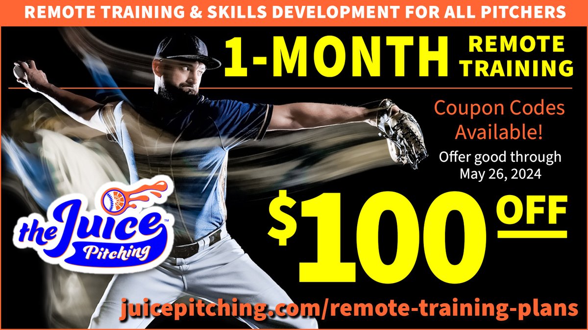 Thejuicepitchin's tweet image. Now unti May 26...$100 Off a 1-Month Remote Training Package!🍊⚾️ Pitchers are making real gains in our system! 💪juicepitching.com/remote-trainin… 🔥 Check us out on the web today and start improving tomorrow! #juicepitching #pitching #pitchingtraining #pitchingtrainer #baseballpitching