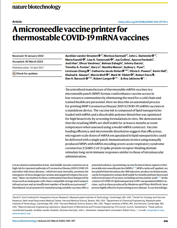 Why are they so desperate to have #mRNA lipid nanoparticles in your body? A microneedle vaccine printer for thermostable COVID-19 mRNA vaccines microgram-scale doses of #mRNA encapsulated in lipid nanoparticles could be delivered with a single patch. semanticscholar.org/paper/A-micron…