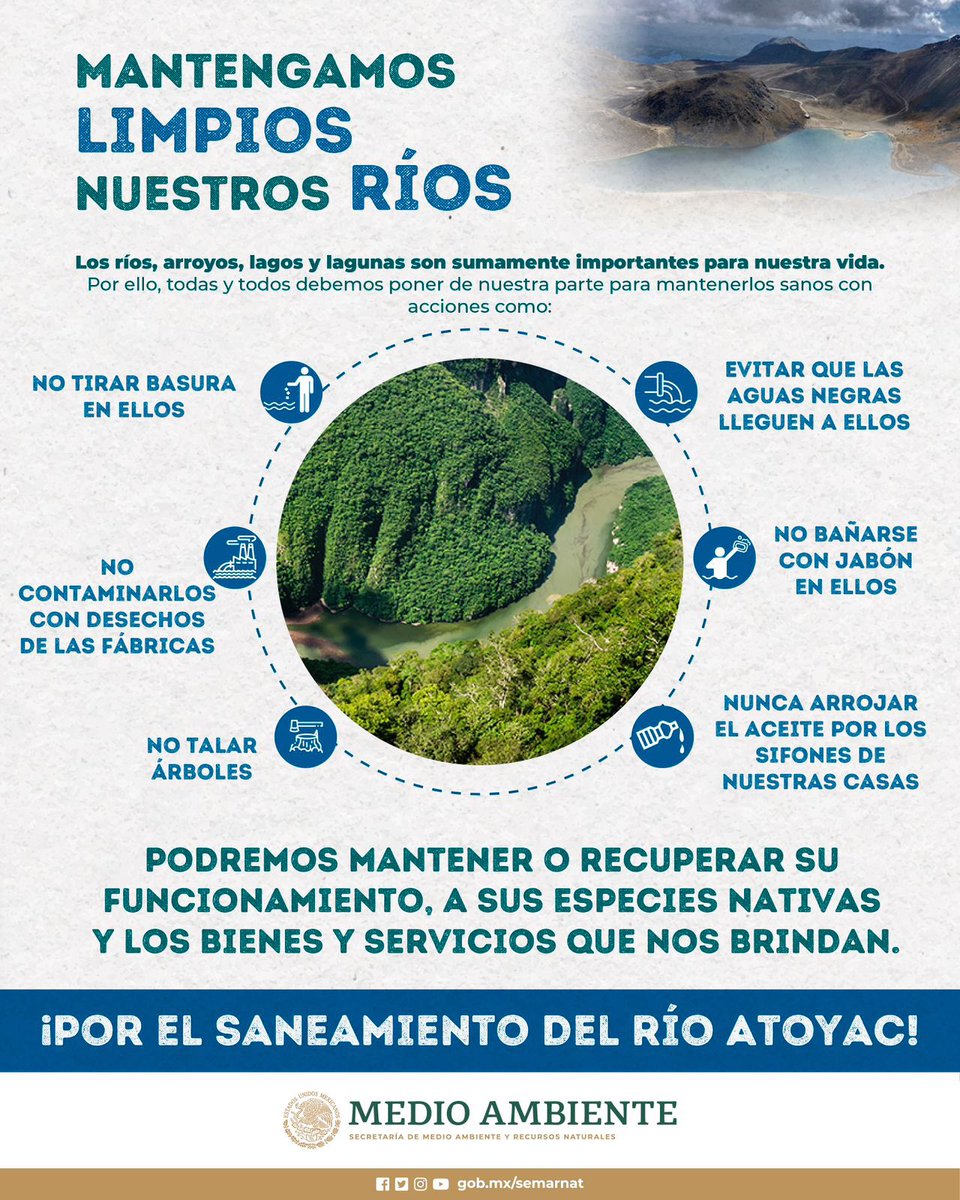 Los ríos, arroyos, lagos y lagunas son sumamente importantes para nuestra vida. 🌎💙💦 Por ello, todas y todos debemos de poner de nuestra parte para mantenerlos sanos. 👇🏽