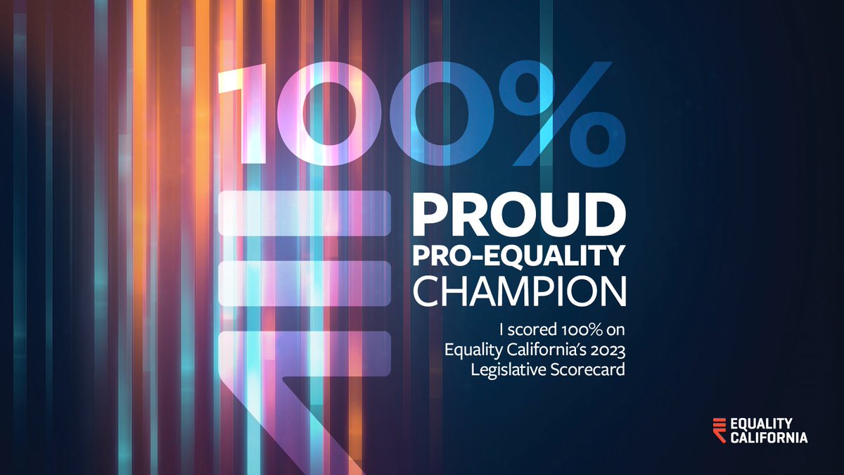 It is my honor to announce I have earned a 100% score on the 2023 @eqca State Legislative Scorecard. Today and every day, we must continue to work to build a world that is healthy, just, and fully equal for all LGBTQ+ people.