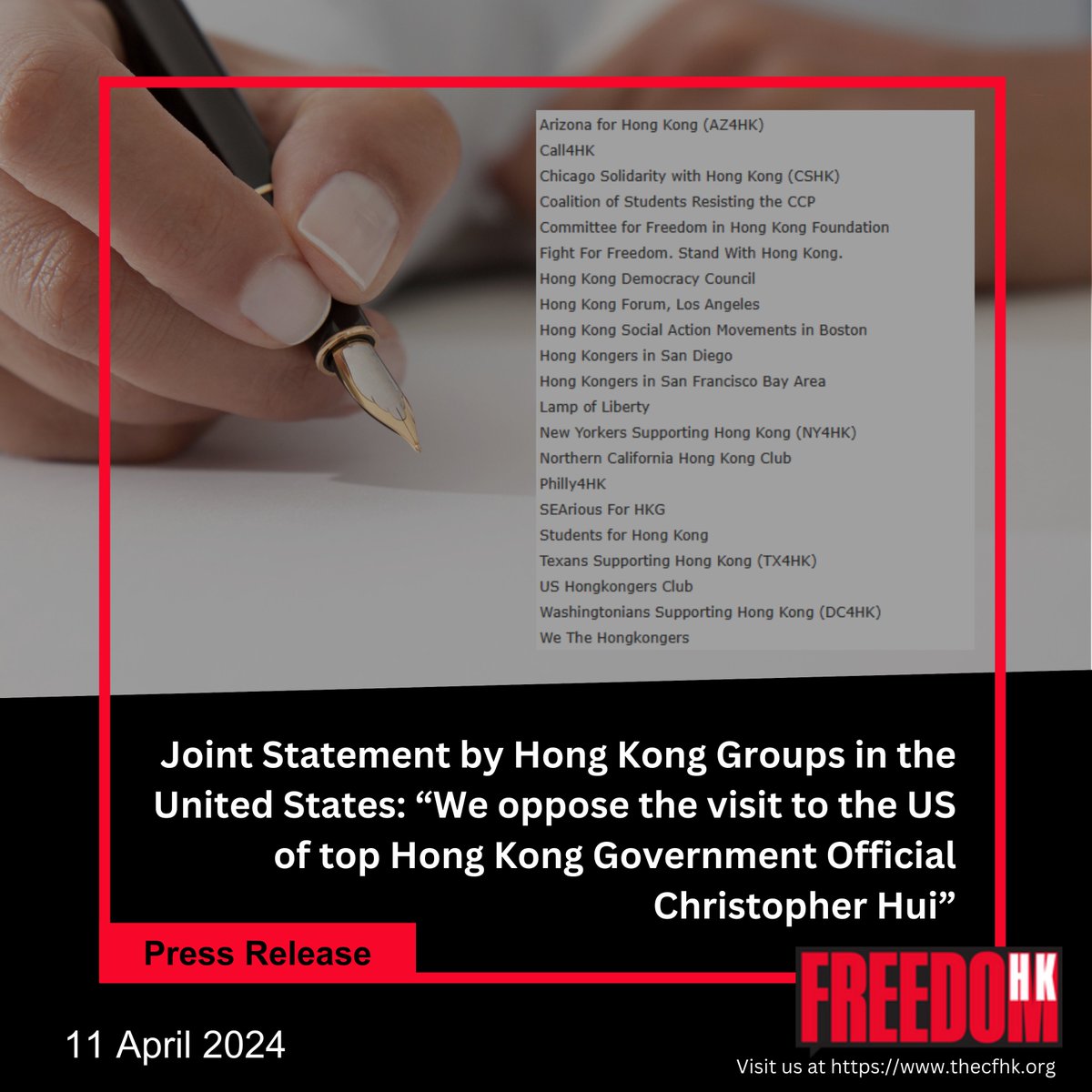 🚨Today CFHK joined other #HongKong organizations to oppose the Chris Hui US propaganda tour that is designed to whitewash intensifying repression & persecution of political prisoners including @SupportJimmyLai , @zouxingtong , Lee Cheuk-Yan, @KwaiLamHo, @joshuawongcf & others