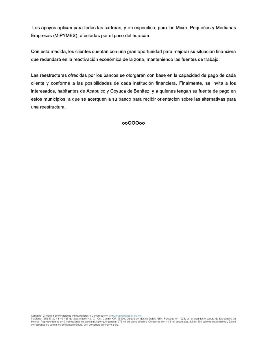 AsocBancosMx's tweet image. #ComunicadoDePrensaABM. 
Se amplía el plazo de los #Clientes afectados por el #HuracánOtis