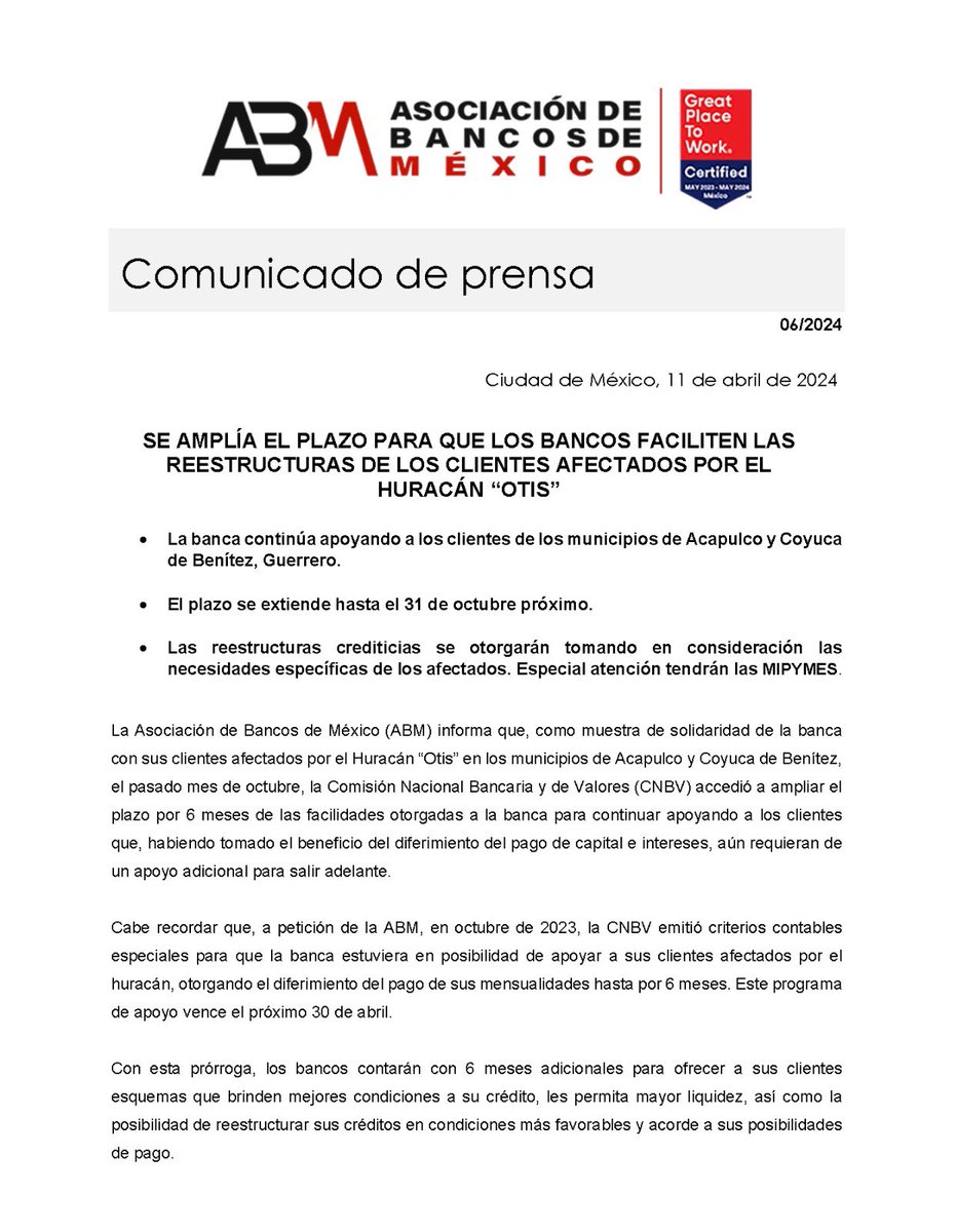 AsocBancosMx's tweet image. #ComunicadoDePrensaABM. 
Se amplía el plazo de los #Clientes afectados por el #HuracánOtis
