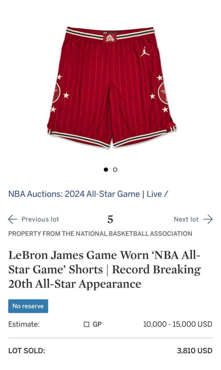 Collectors REALLY don’t like shorts. LeBron’s 2024 All-Star game-worn jersey sells for $139,700 at @Sothebys tonight. His game-worn shorts? $3,810!