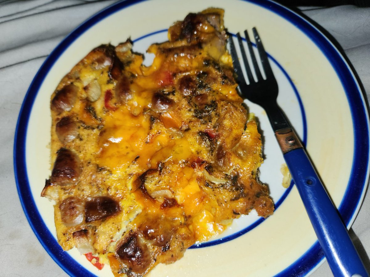 Just some leftover sausage peppers onions and cheddar frittata for my 1 meal at 4 pm